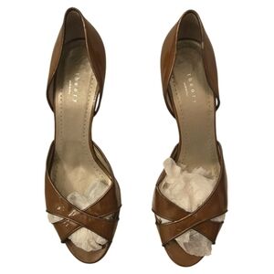 Theory Patent Leather Camel Brown Peep Toe Heels 3” Mid-Heel Sz 40 Academic